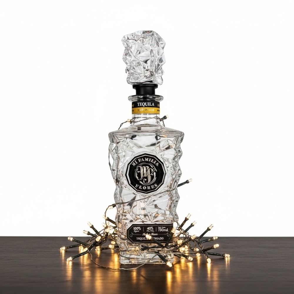 Empty Mi Familia Flores Tequila Bottle Clear Geometric Glass Decanter‎ 750ml